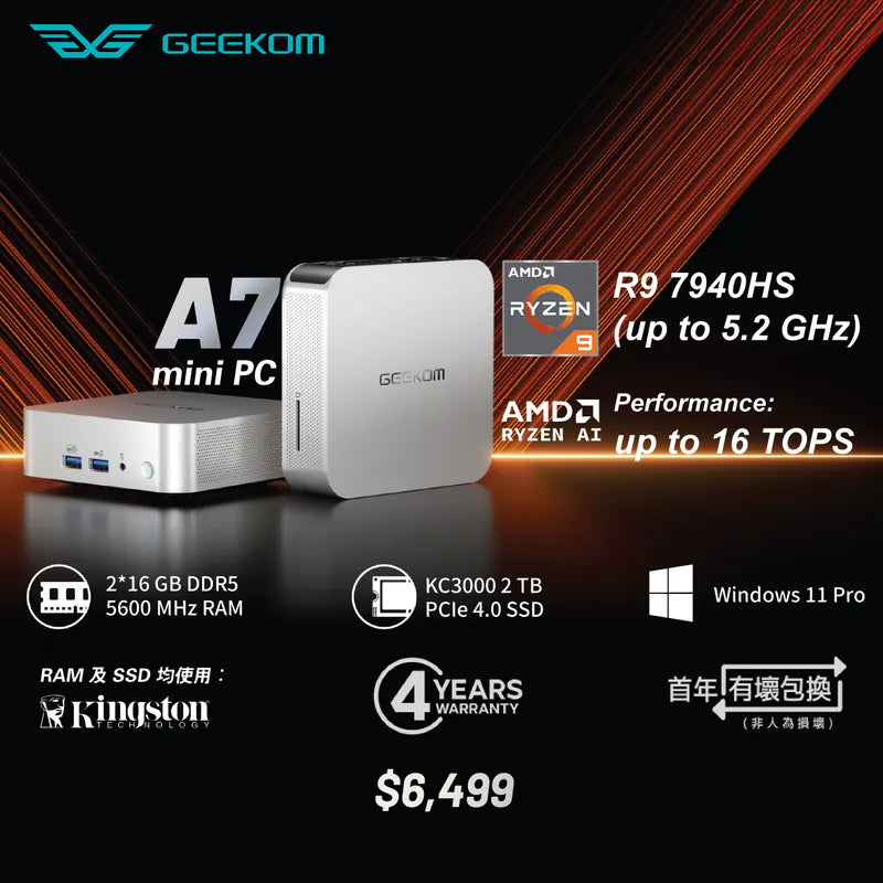 GEEKOM A7 Mini-PC 迷你電腦 (AMD R9-7940HS、32GB DDR5 RAM、2TB SSD、Window 11 Pro)