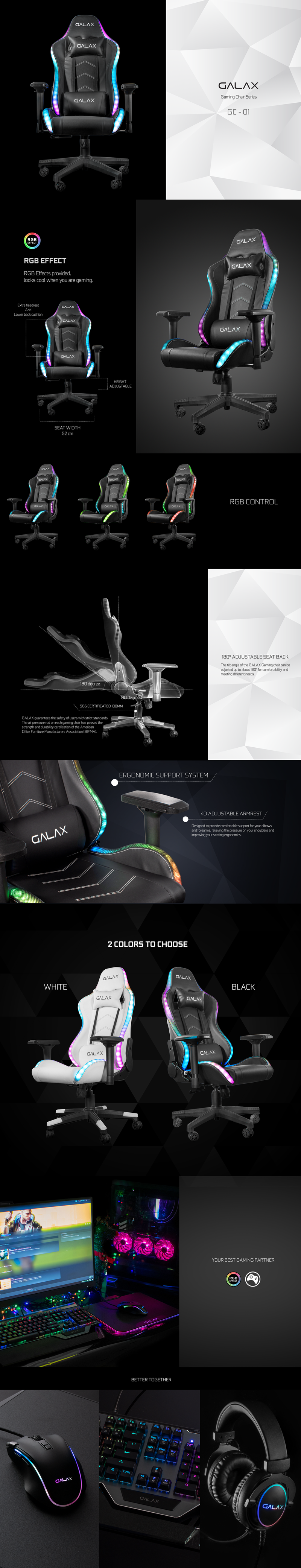 GALAX Gaming Chair Series GC 01 S PLUS 電競椅（閃亮黑 / 晶鑽白)