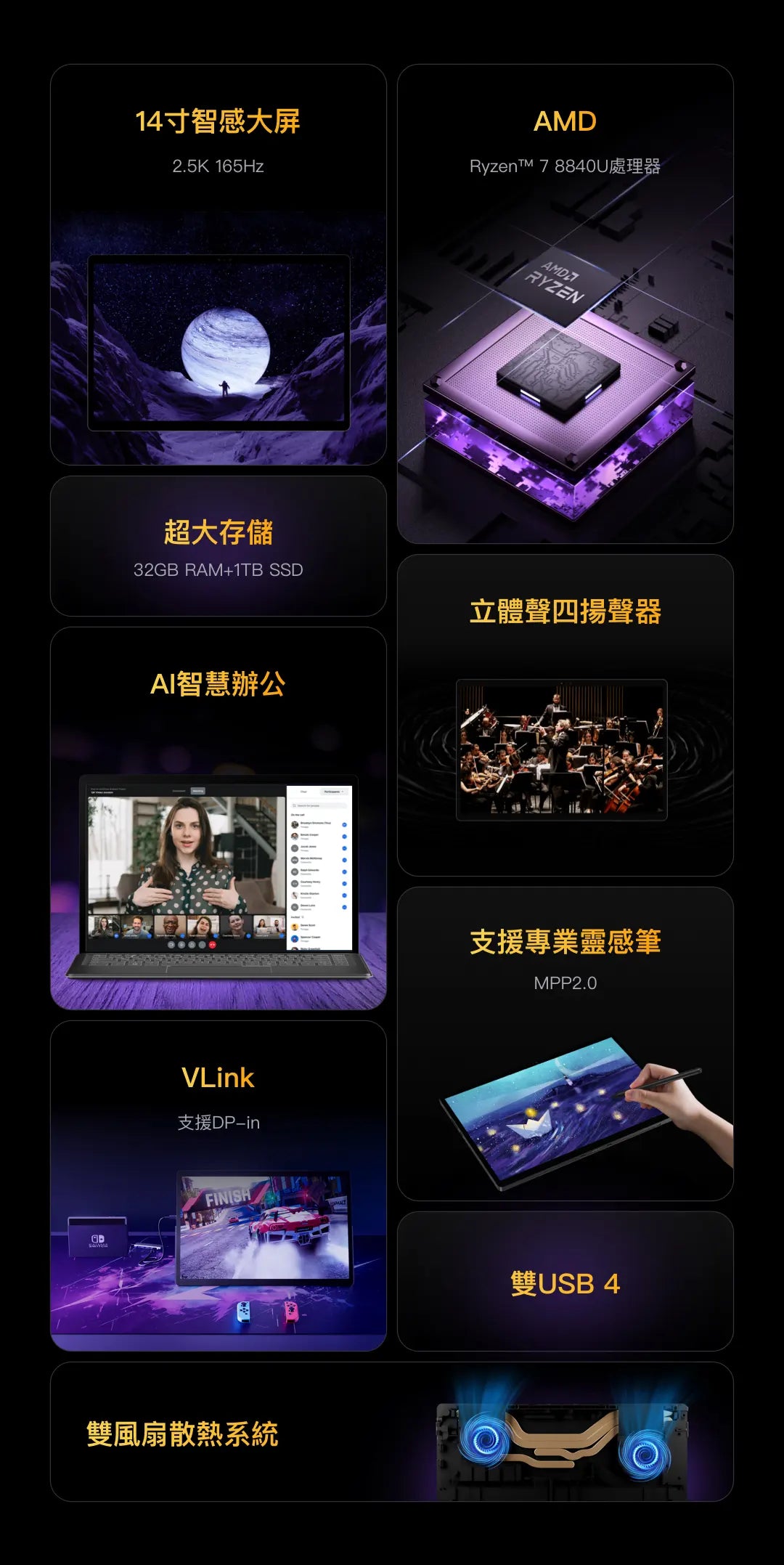 MINISFORUM V3 三合一平板电脑Tablet (Ryzen 7 8840U 32GB RAM 1TB SSD 14" 165Hz) 