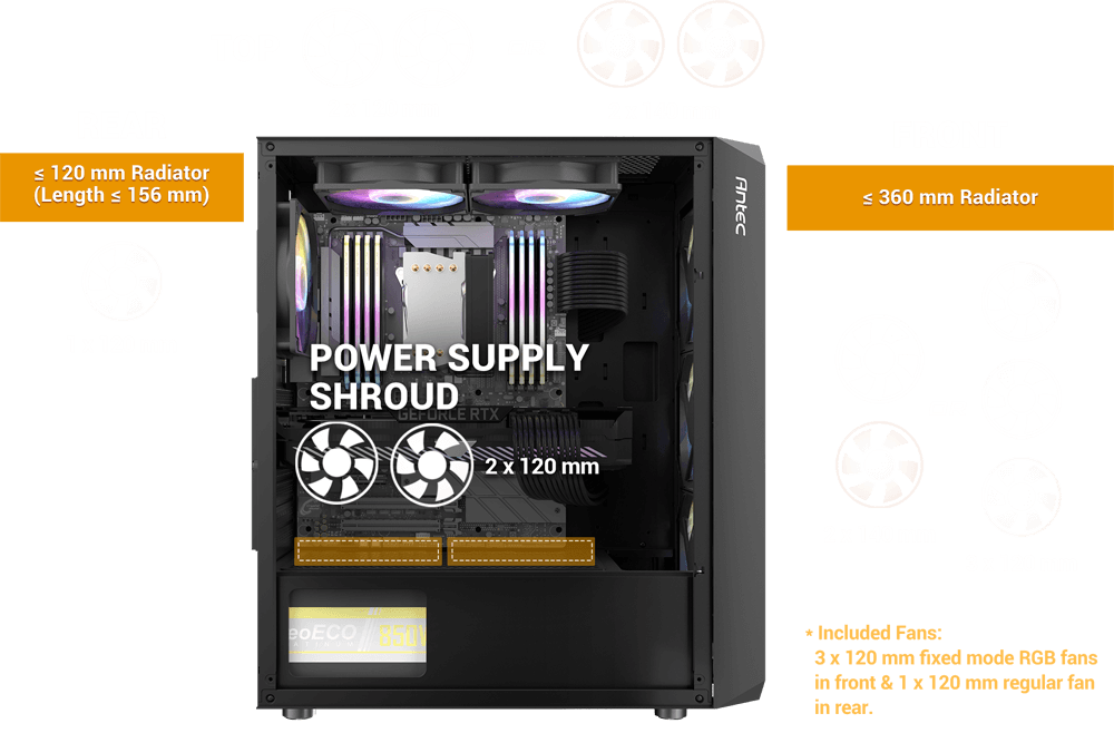 (内附4只风扇) Antec NX292 ARGB Mid Tower E-ATX电竞机箱强化玻璃侧板