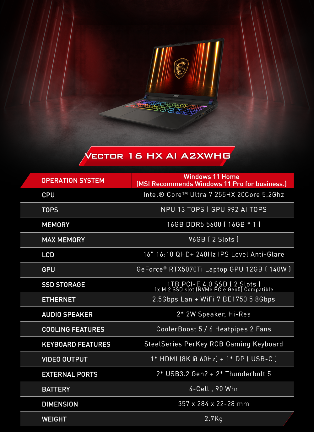 MSI Vector 16 HX AI A2XWIG / A2XWHG Gaming Notebook 電競手提電腦  U9 275HX/255HX | RTX5080/5070 TI | 16GB | 1TB | 16 QHD+ IPS 240Hz