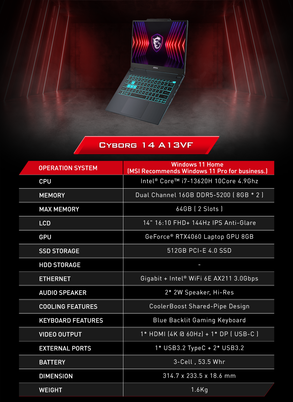 MSI Cyborg 14 A13VF ( i7-13620H / 512GB / RTX4060 / FHD / 144HZ ) Gaming Notebook 电竞手提电脑