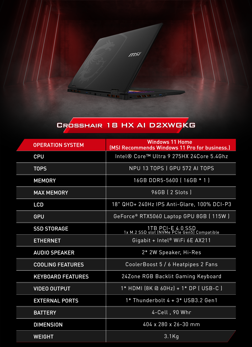 MSI Crosshair 16 HX AI A2XWFKG Gaming Notebook 電競手提電腦  U9 275HX / RTX5060 / 16GB / 1TB 18" QHD+ IPS 240Hz