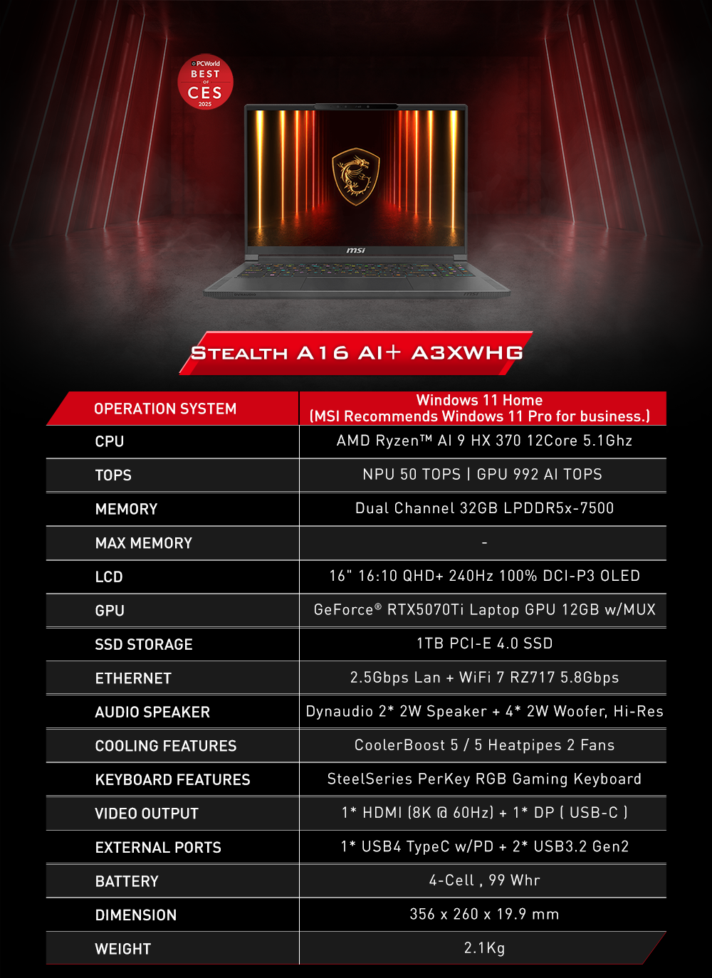 MSI Stealth A16 AI+ A3XWIG / A3XWHG Gaming Notebook 電競手提電腦  R9 AI HX 370 | RTX5080/5070 TI | 32GB | 2/1TB | 16 QHD+ OLED 240Hz