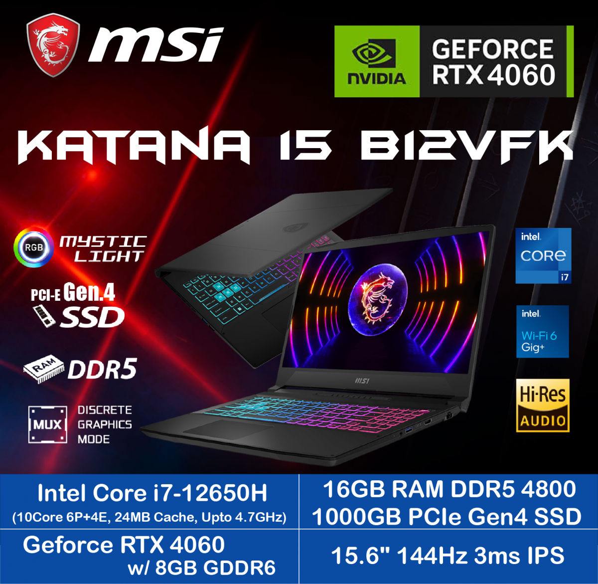 (清貨優惠) MSI Katana 15 B12VFK ( i7-12650H / 1TB/ 16GB/ RTX4060 / FHD ) Gaming Notebook