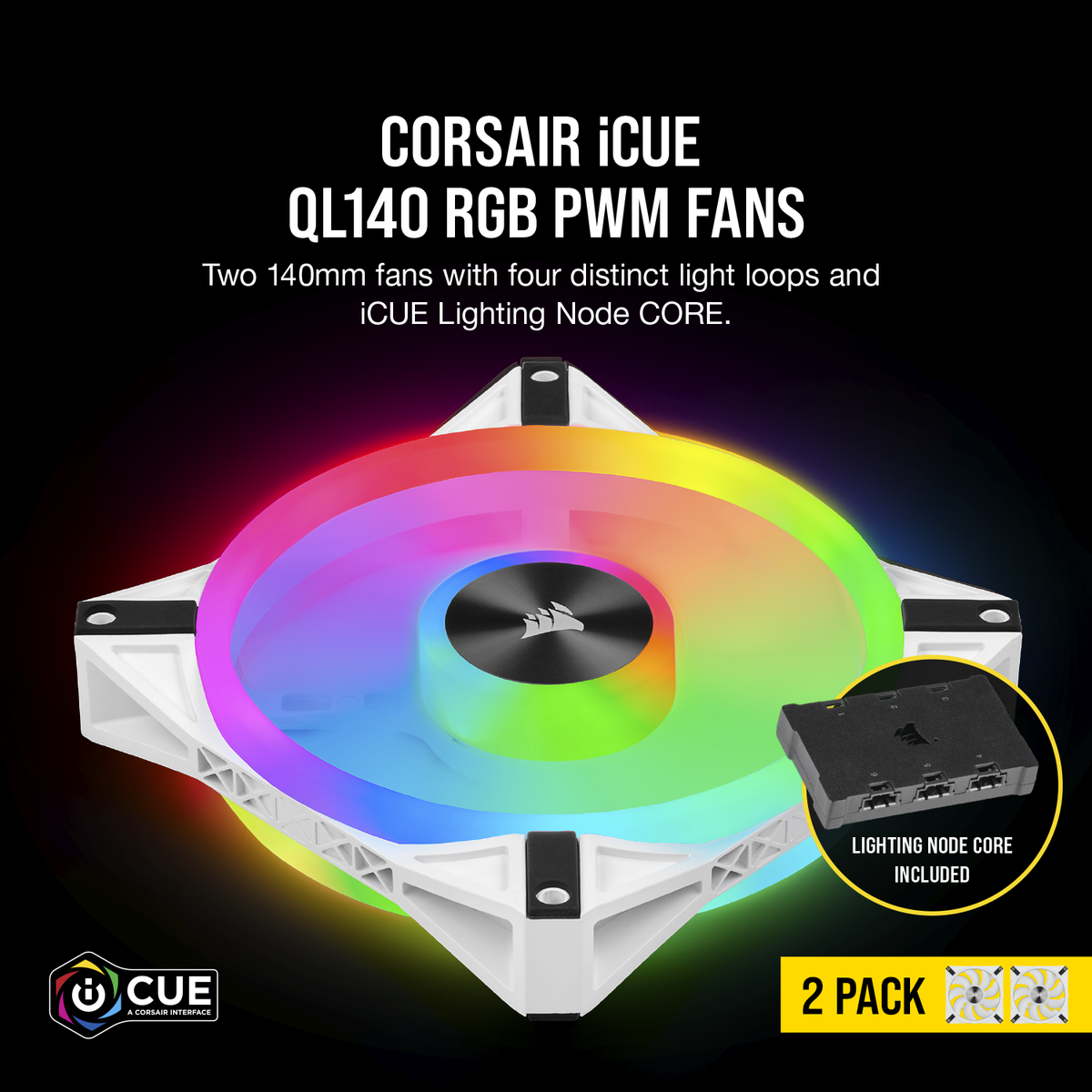 CORSAIR iCUE QL140 140MM RGB PWM White -2 Fan Pack With Lighting Node Core