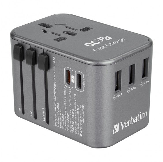 Verbatim 5 Ports 33.5W QC3.0 &amp; PD Travel Adapter