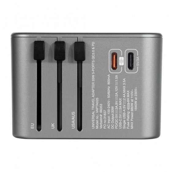 Verbatim 5 Ports 33.5W QC3.0 &amp; PD Travel Adapter