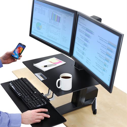 Ergotron WorkFit-S, Dual Sit-Stand, Worksurface &amp; Large Kybd Tray 一体式双重桌面双显示器站立升降工作站