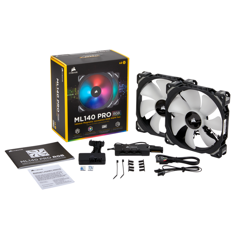 CORSAIR ML140 PRO RGB LED PWM PREMIUM MAGNETIC LEVITATION FAN — TWIN FAN PACK WITH LIGHTING NODE PRO