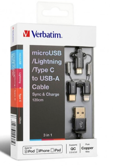 Verbatim - 120cm Sync & Charge 3 in 1 Lighting, type C and Micro USB Cable Black
