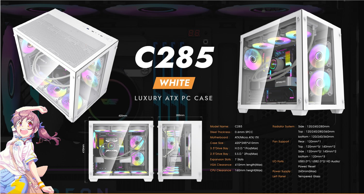 DarkFlash C285 Luxury Gaming Case (White /Black) (附送ARGB Case Fan)