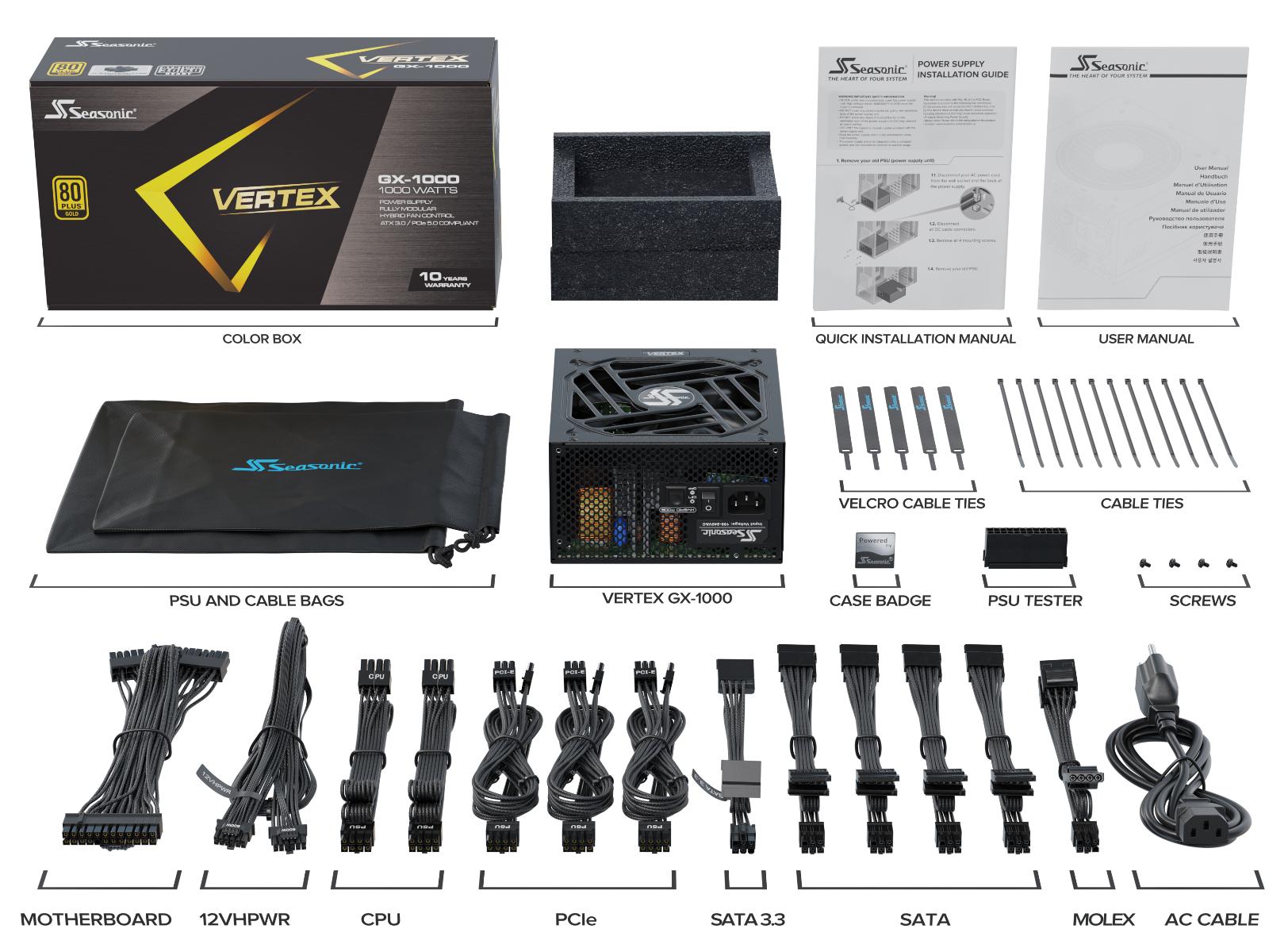 Seasonic Vertex 80 Plus Gold GX1000 1000W PSU 全模组主机电源(10年原厂保固) 黑/白