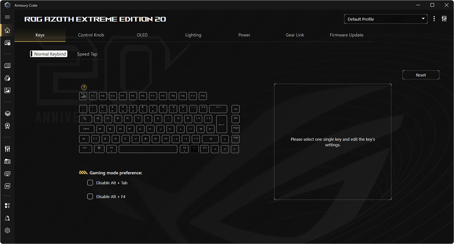 Armoury Crate keyboard keys page