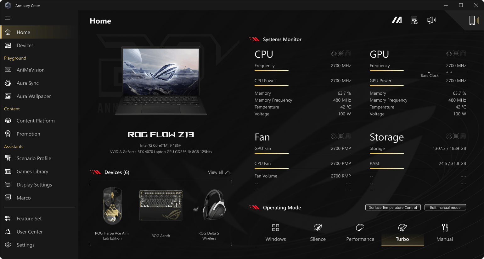Armoury Crate laptop home page