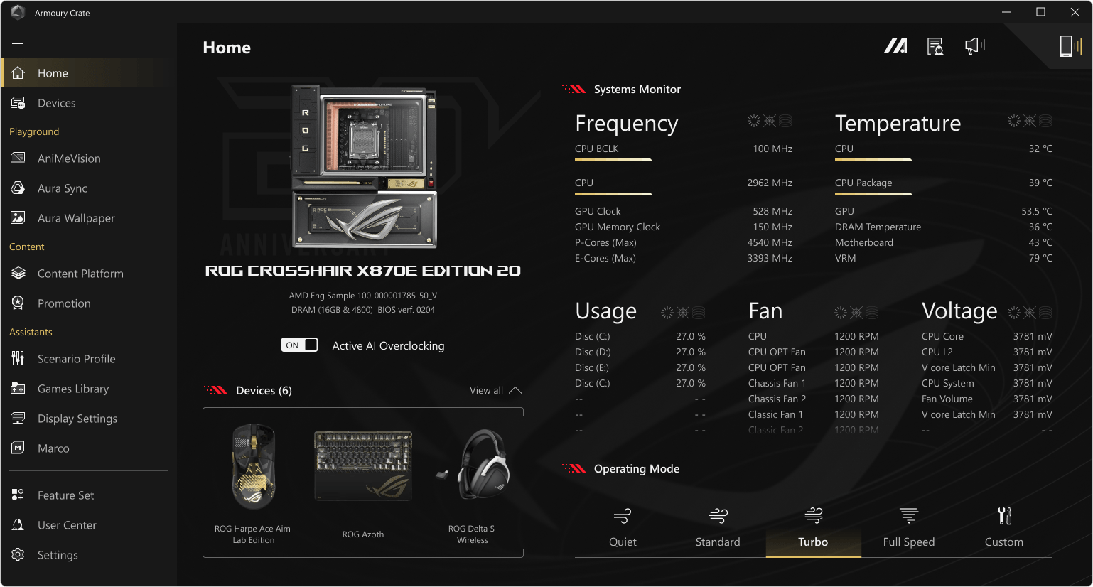 Armoury Crate motherboard home page