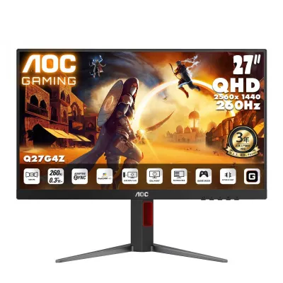 AOC Q27G4Z 電競顯示器 (27吋 / WQHD [2560 x 1440] / 260Hz / 0.3ms (MPRT) / 10 bits / Fast IPS / Adaptive Sync / DisplayHDR 400 / 4軸人體工學支架 / VESA Mount Support)