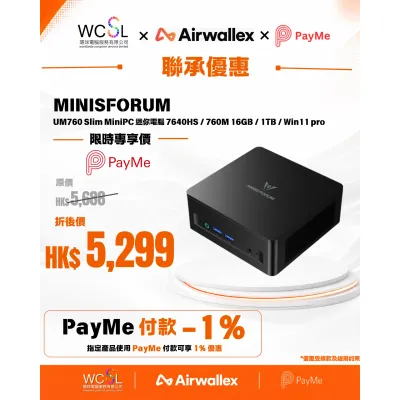 MINISFORUM UM760 Slim MiniPC 迷你電腦 AMD R5 7640HS Radeon 760M 16GB RAM 1TB SSD Win11 Pro - 2*8 GB RAM + 1 TB SSD (CS-MFUM76)