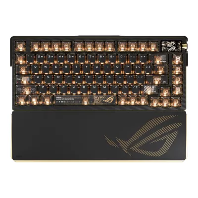 ASUS 華碩 ROG Azoth Extreme Edition 20 週年紀念限量版 75% 客製化電競鍵盤 (黑透金 / 24K純金元素 / 全鋁合金機身 / 碳纖維定位板 / 可調節式Gasket / 全彩OLED觸控顯示器 / 熱插拔預潤NX軸 / 加大矽膠手托 / 三模無線) - 1年保養 - Snow軸