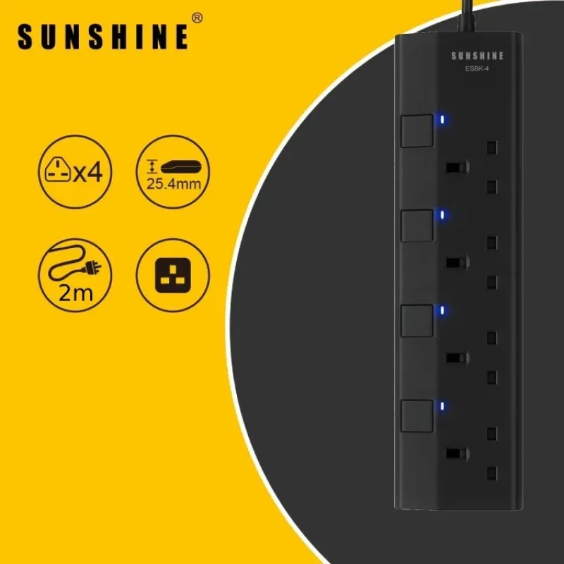 Sunshine 日光牌 4位黑色拖板 / 延長線 / 2M (4-Gang Extension Cord) - 獨立開關 / 安全認證