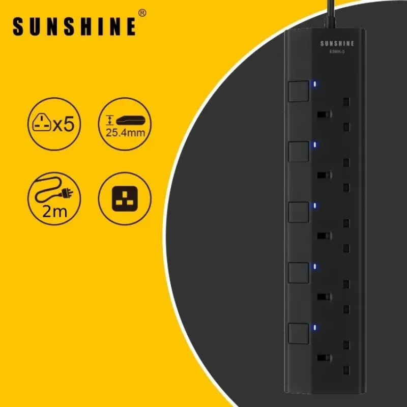 Sunshine 日光牌 5位黑色拖板 / 延長線 / 2M (5-Gang Extension Cord) - 獨立開關 / 安全認證