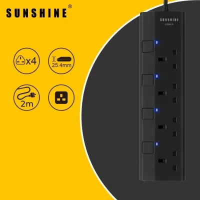 Sunshine 日光牌 4位黑色拖板 / 延長線 / 2M (4-Gang Extension Cord) - 獨立開關 / 安全認證
