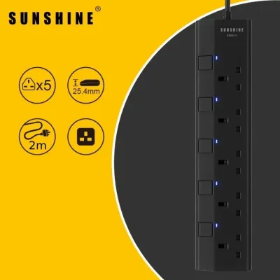Sunshine 日光牌 5位黑色拖板 / 延長線 / 2M (5-Gang Extension Cord) - 獨立開關 / 安全認證