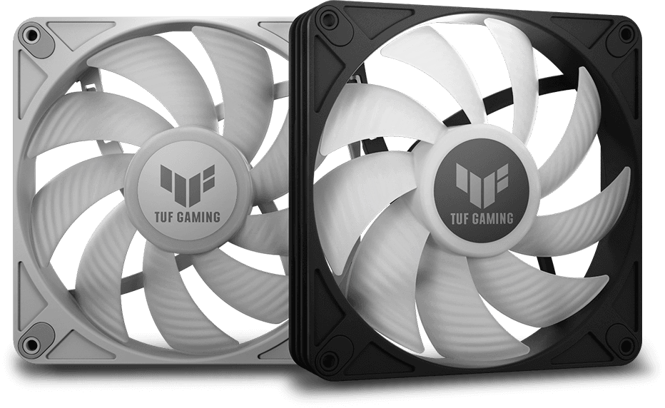 一個白色和一個黑色的140 x 28毫米TUF Gaming風扇並排放置
