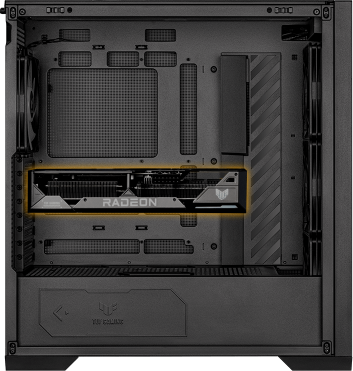 TUF Gaming GT302 ARGB電腦組裝的側視圖，顯示水平安裝的顯示卡