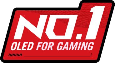 Red badge with bold white text “ROG No.1 OLED for Gaming” and a faint grid pattern in the background