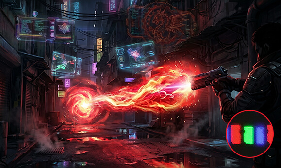 Vibrant cyberpunk gaming scene comparison on an RGB Stripe Pixel technology panel shows 27% higher color volume compared to previous-gen WOLED panel.
