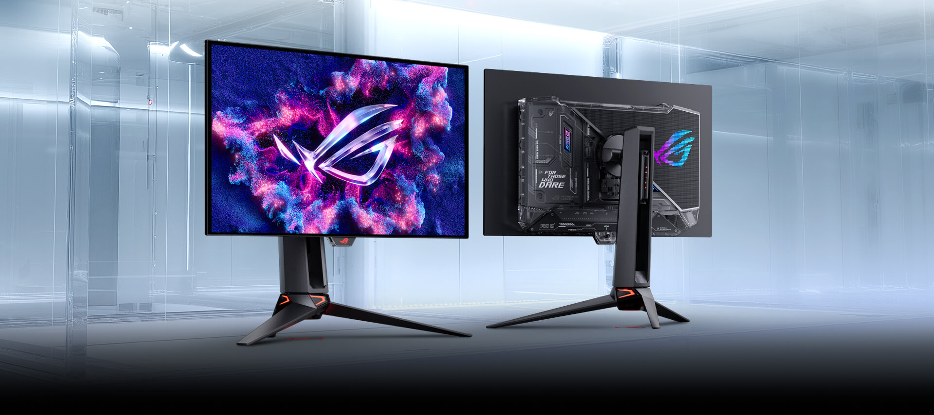 Futuristic desktop setup with ROG OLED monitor displaying vivid pink and blue graphics, surrounded by gaming gear and a white PC case in a purple-lit room. Bold text reads 'One For All' beside the screen.
