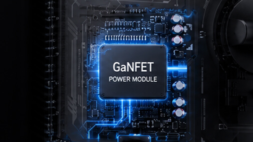 Rear view of a black ASUS ROG gaming monitor highlighting the internal GaNFET power module design.” 