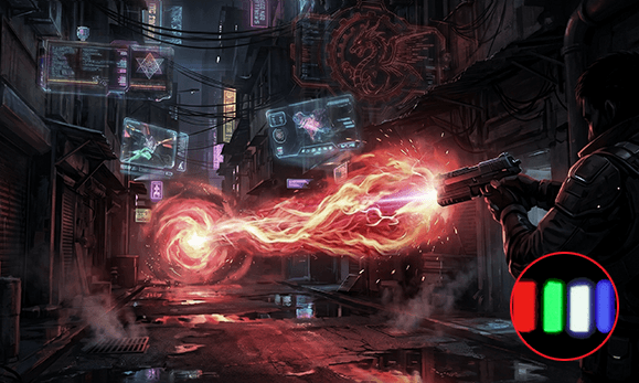 Cyberpunk gaming scene on previous-generation WOLED pixel technology shows lower color volume performance when compared with RGB Stripe Pixel technology.