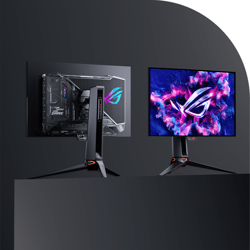 Rear view of a black ASUS ROG gaming monitor highlighting the internal GaNFET power module design.”