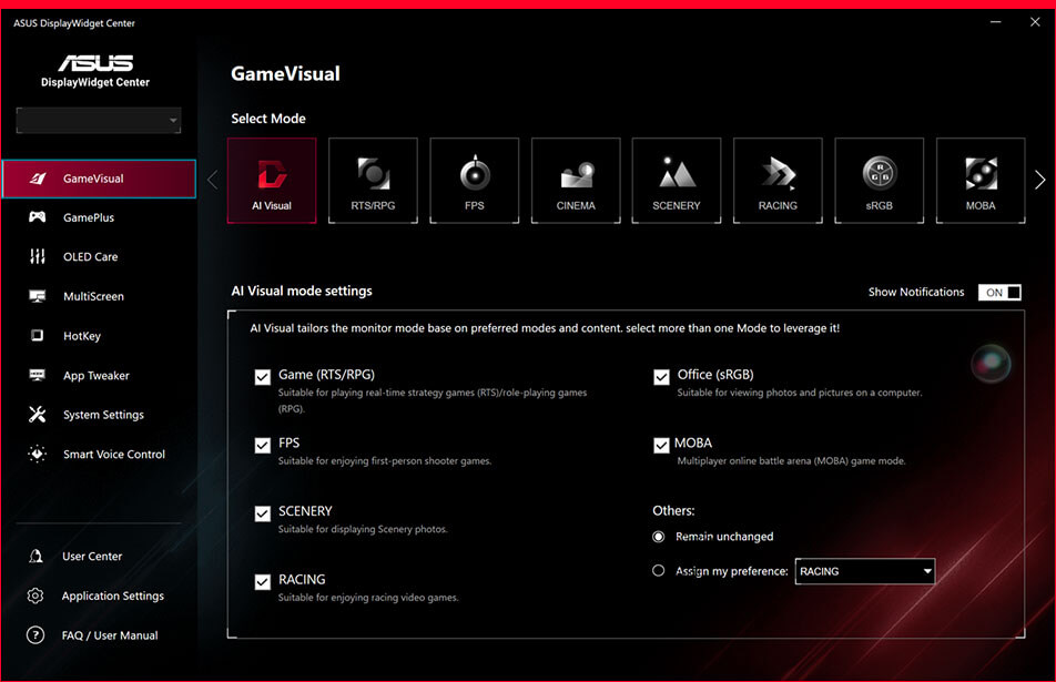Screenshot of the ASUS DisplayWidget Center UI showing customizable GameVisual settings.