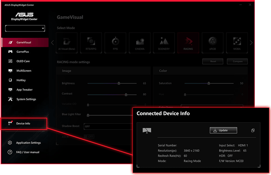 Screenshot of the ASUS DisplayWidget Center UI showing auto firmware update notification.