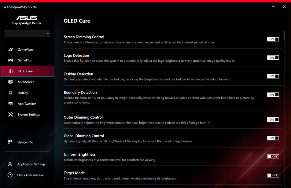 Screenshot of the ASUS DisplayWidget Center UI showing OLED protection features.