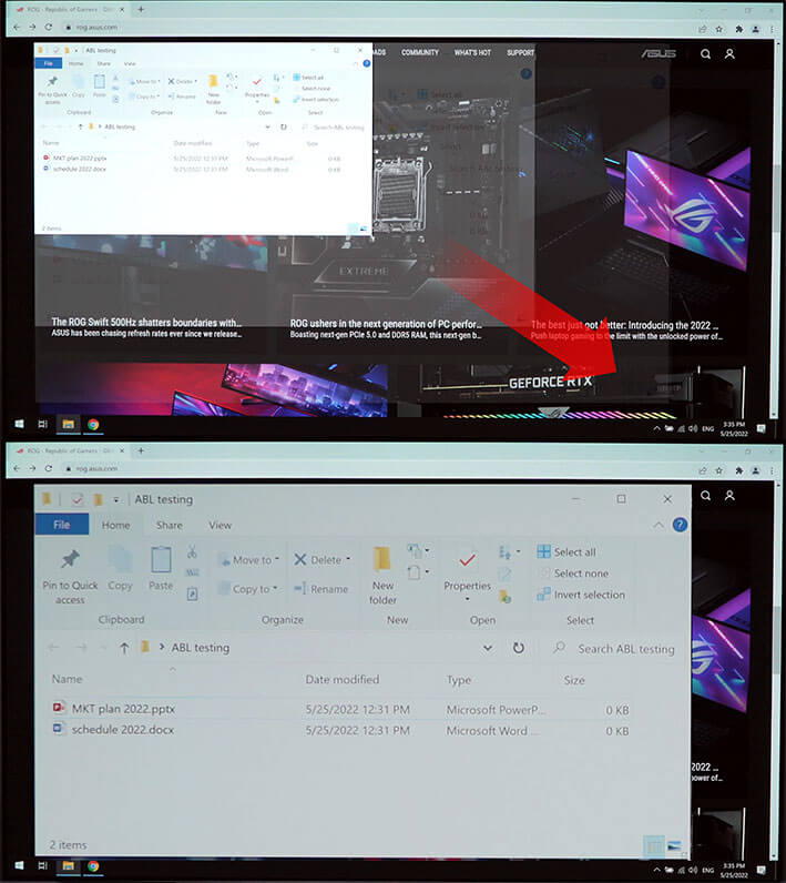 Comparison images showing a white window being enlarged in the first image, resulting in a dimmer the second image