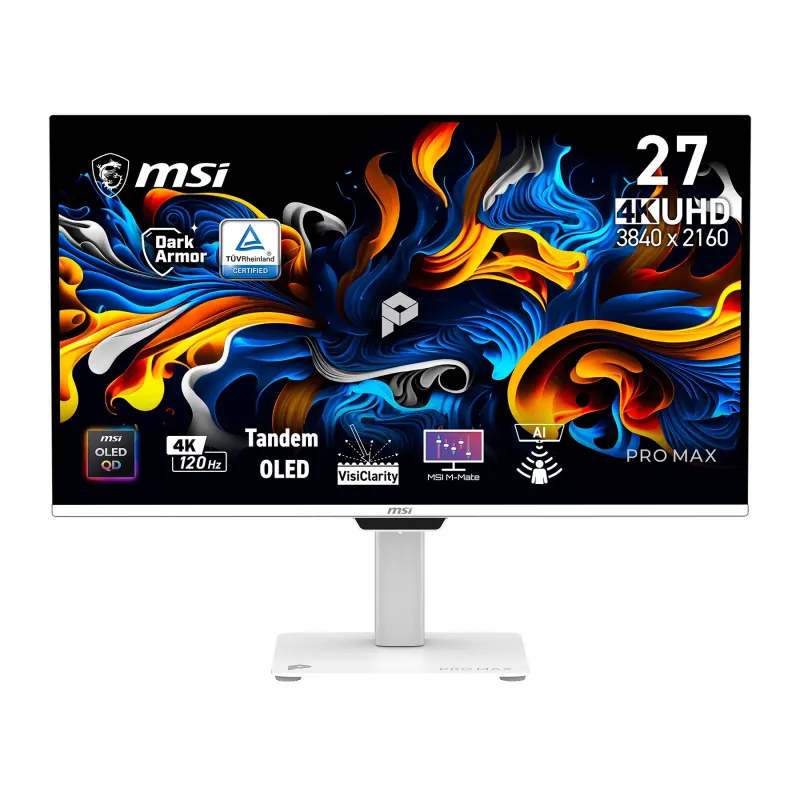 MSI 微星 PRO MAX 271UPXW12G 27吋 4K UHD 120Hz 0.03ms QD-OLED 平面商務顯示器 (16:9 / 雙Type-C 98W+15W / True Black 400 / 內置喇叭與電源)