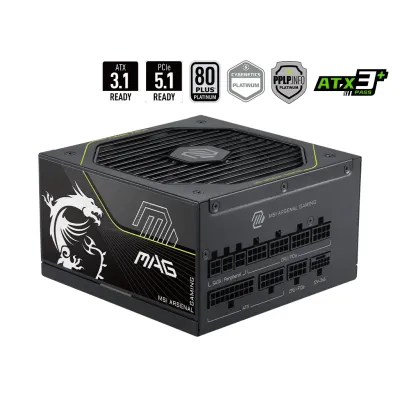 MSI 微星 MAG A1000PLS PCIE5 1000W 80 PLUS 白金牌 全模組電源供應器 (ATX 3.0&PCIe 5.0相容 / 原生12V-2x6 600W接頭 / 135mm FDB靜音風扇 / 150mm緊湊短機身 / 八大電路防護) - 10年原廠保養