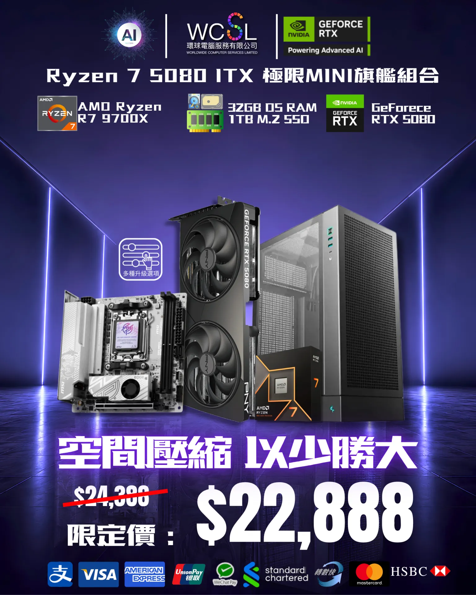 【ITX免息分期】 Ryzen 7 5080 ITX 極限MINI旗艦組合  9700X | 5080 | 32G | 1TB